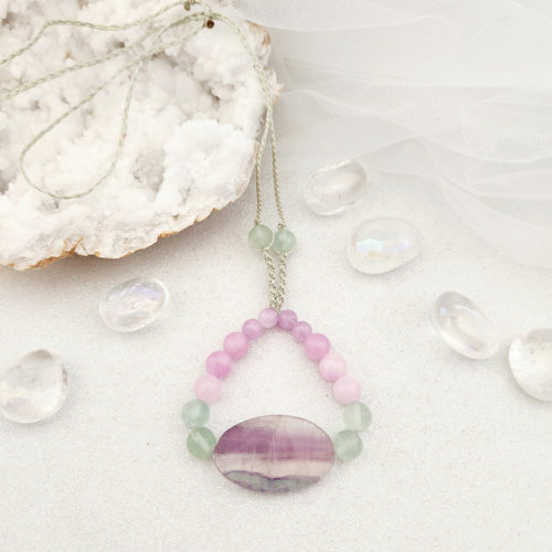 Rainbow Fluorite with Dyed Chalcedony Wrapped Pendant (hand crafted in Aotearoa New Zealand)
