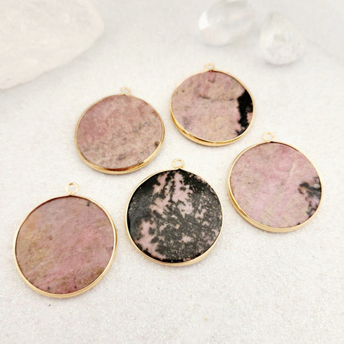 Rhodonite Disc Pendant (assorted. gold metal. also make great earrings)