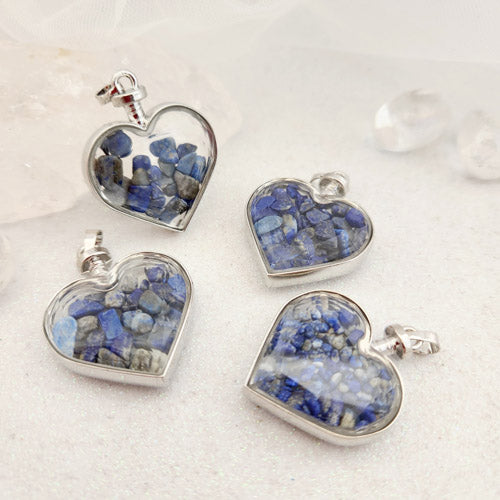 Lapis Chips in Glass Heart Pendant (silver metal)