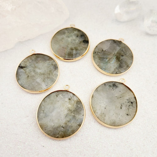 Labradorite Disc Pendant (assorted. gold metal. also make great earrings)