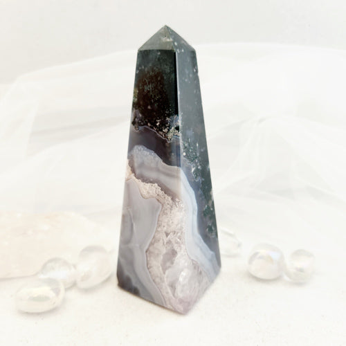 Moss Agate Obelisk (approx. 14.5x5cm)