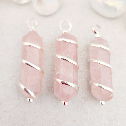 Rose Quartz Double Terminated Wrapped Pendant (assorted. silver metal)