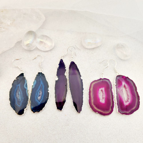 Dyed Agate Slice Earrings (assorted shapes, sizes & colours. silver metal)