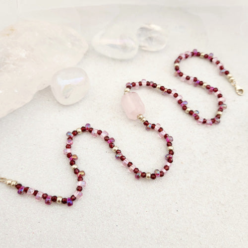 Rose Quartz & Garnet Necklace (handcrafted in Aotearoa New Zealand)