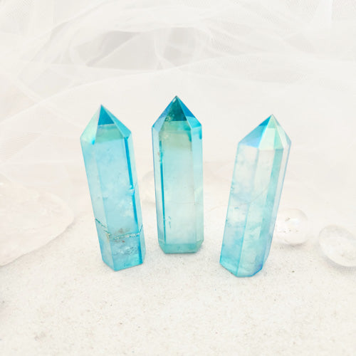 Blue Aura Electroplated Quartz Polished Point (assorted. approx. 7-7.4x2-2.2cm)