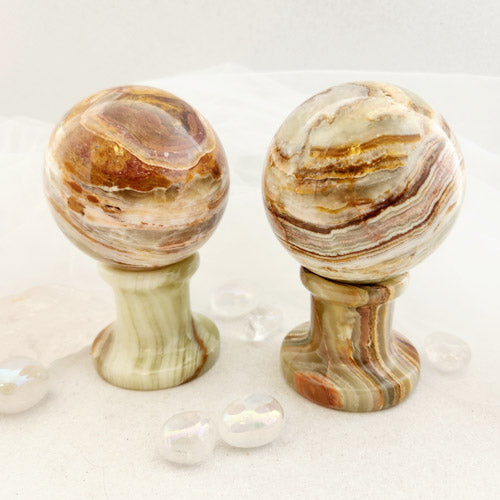 Banded Calcite aka Marble Onyx Sphere & Stand (assorted. approx. 12.5x7.2cm together)