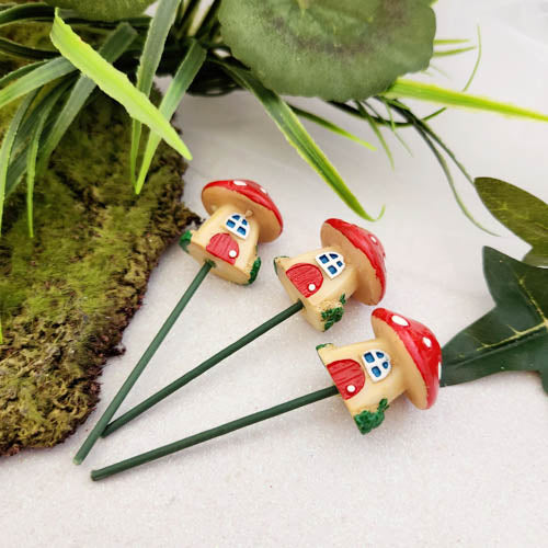 Red Fairy Garden Mushroom House on a Stick (approx. 8.5cm tall incl. stick)