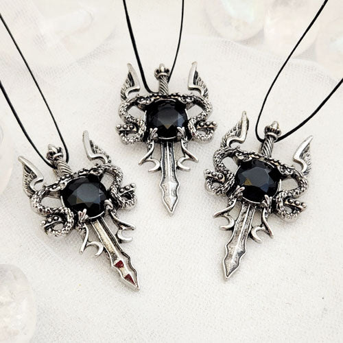 Black Obsidian Pendant with Sword & Dragons