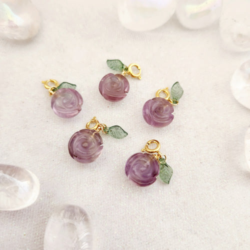 Amethyst Flower & Glass Leaf Charm/Pendant (gold plated metal findings)