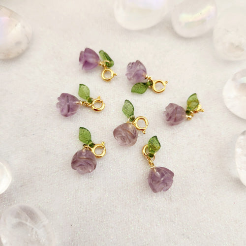 Amethyst Flower & Glass Leaf Charm/Pendant (gold plated metal findings)