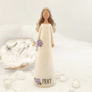 Pray Angel With Purple Flowers Figurine
