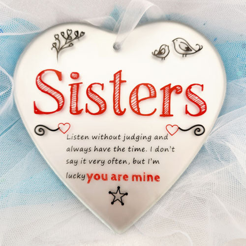 Sisters Heart Glass Plaque (approx. 13x13cm)