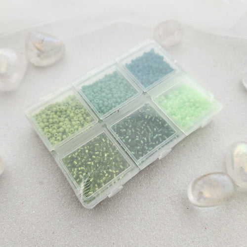 Shades of Green Glass Seed Beads in Re-Usable Container (approx. 4500 beads)
