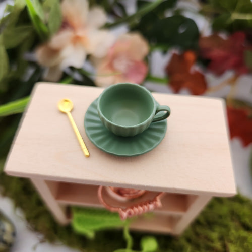 Fairy Garden/Dolls House Tiny Cup, Saucer, Spoon Set (green ceramic. approx. 1x2.5cm)