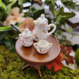 Fairy Garden/Dolls House Tiny Cherry Coffee Pot, Sugar Bowl, Milk Jug Set