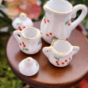 Fairy Garden/Dolls House Tiny Cherry Coffee Pot, Sugar Bowl, Milk Jug Set