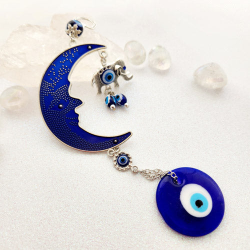 Blue Eye aka Evil Eye Crescent Moon & Elephant Hanging Ornament (approx.  23cm)