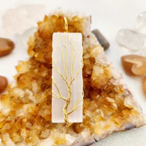 Tree of Life Gold Wire Wrapped Selenite Pendant