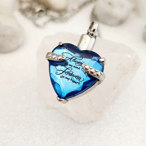 Always on My Mind Forever in My Heart Keepsake Pendant with Chain (blue glass & stainless steel)