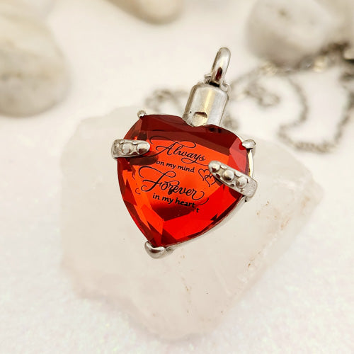 Always on My Mind Forever in My Heart Keepsake Pendant with Chain (red glass & stainless steel)
