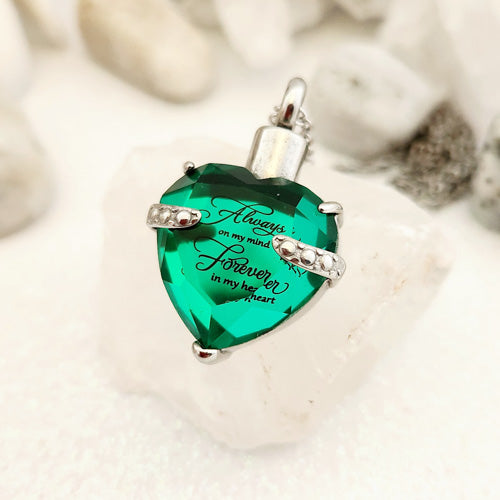 Always on My Mind Forever in My Heart Keepsake Pendant with Chain (green glass & stainless steel)