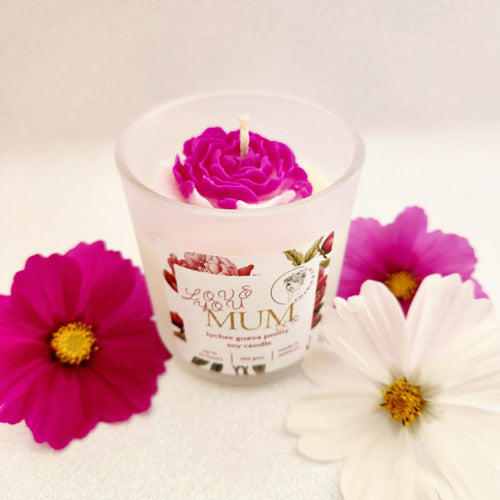 Love You Mum Lychee Guava Soy Candle (handcrafted in Aotearoa New Zealand. up to 50 hours burn time)