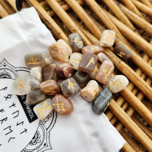 Moonstone Runes Set with Information Sheet & Drawstring Bag (assorted. small stones)