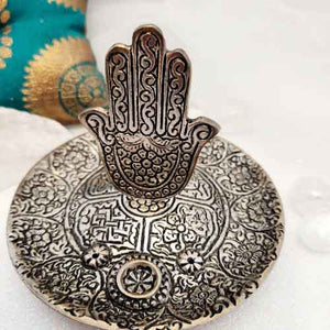 Hamsa Hand in Round Aluminium Incense Holder