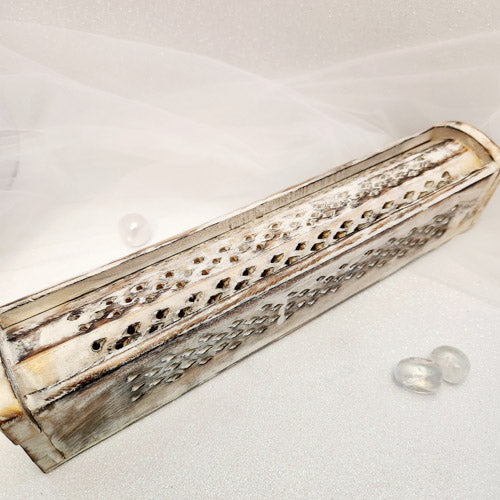 White Rustic Jali Sliding Incense & Cone Wooden Holder (approx. 30x5.5cm)