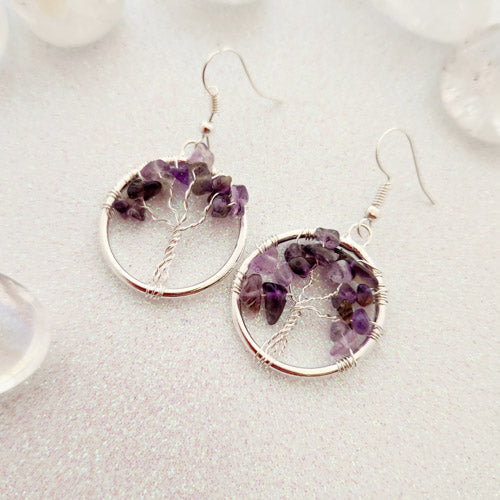Amethyst Tree of Life Earrings (silver metal)