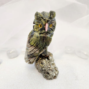 Serpentine Owl on Pyrite