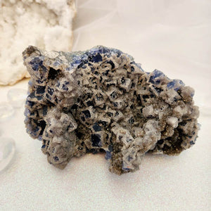 Sugar Calcite Coated Cubic Blue Fluorite Cluster