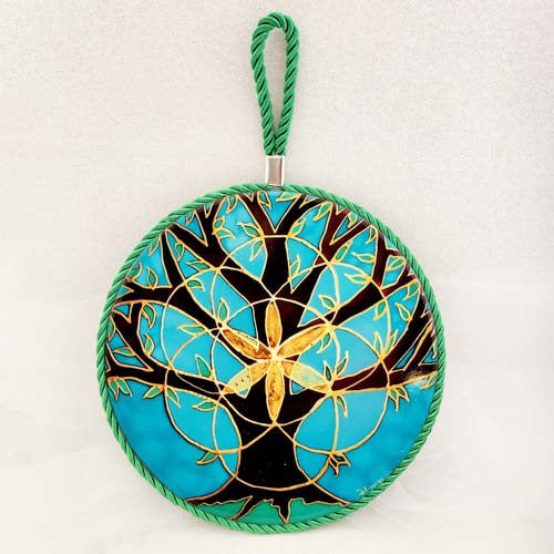 Tree and Flower of Life Hanging Trivet (green fabric surround)