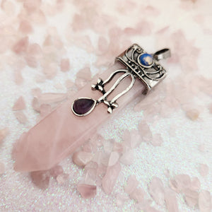 Rose Quartz Pendant w. Amethyst & Opalite Cabochons