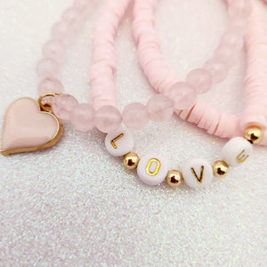 Rose Quartz & Dyed Acrylic Love Charm Bracelets