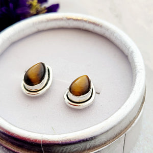 Gold Tiger's Eye Tear Drop Stud Earrings