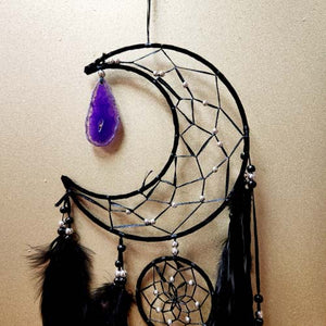 Black Crescent Moon Dream Catcher with Agate Slice