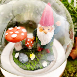 Gnome with Mushrooms Glass Dome Hanging