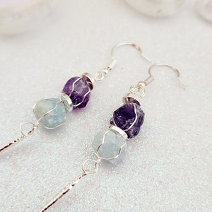 Amethyst & Aquamarine w. Feather Charm Earrings