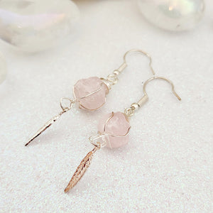 Rose Quartz w. Feather Charm Earrings