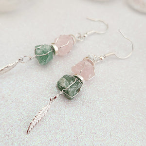 Rose Quartz & Aventurine w. Feather Charm Earrings