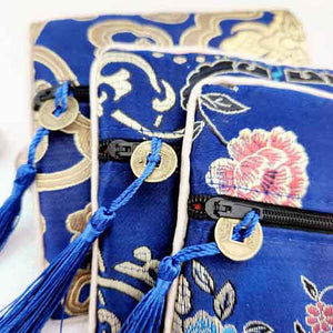 Blue Chinese Brocade Zip Pouch w. Lucky Coin & Tassle