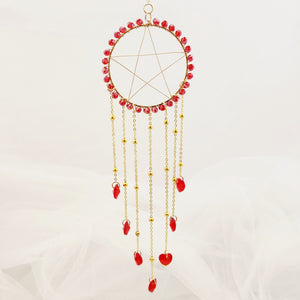 Pentagram w. Red Glass Hearts Hanging