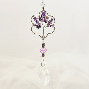 Amethyst & K9 Glass Tree of Life Flower Hanging Tear Drop Prism