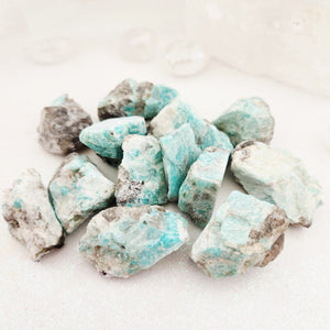 “Amazonite crystal rough rock with soothing green and blue tones, supporting calm energy and emotional balance