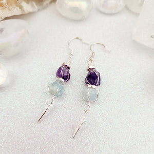 Amethyst & Aquamarine w. Feather Charm Earrings