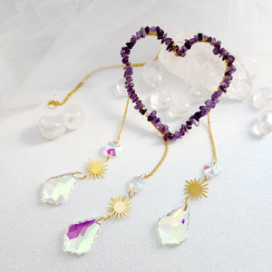 Amethyst Chips on Heart with Hanging Prisms