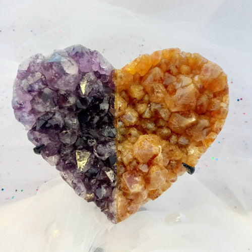 Amethyst & Citrine Split Cluster Heart (citrine is heat treated. approx. 18.5x18.8cm w. stand)