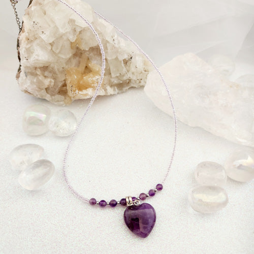 Amethyst Heart & Seed Bead Necklace (silver metal)