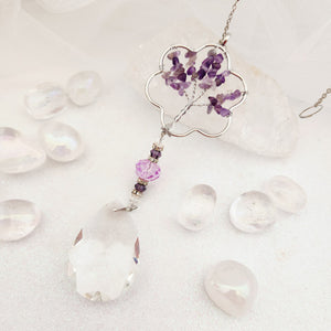 Amethyst & K9 Glass Tree of Life Flower Hanging Tear Drop Prism